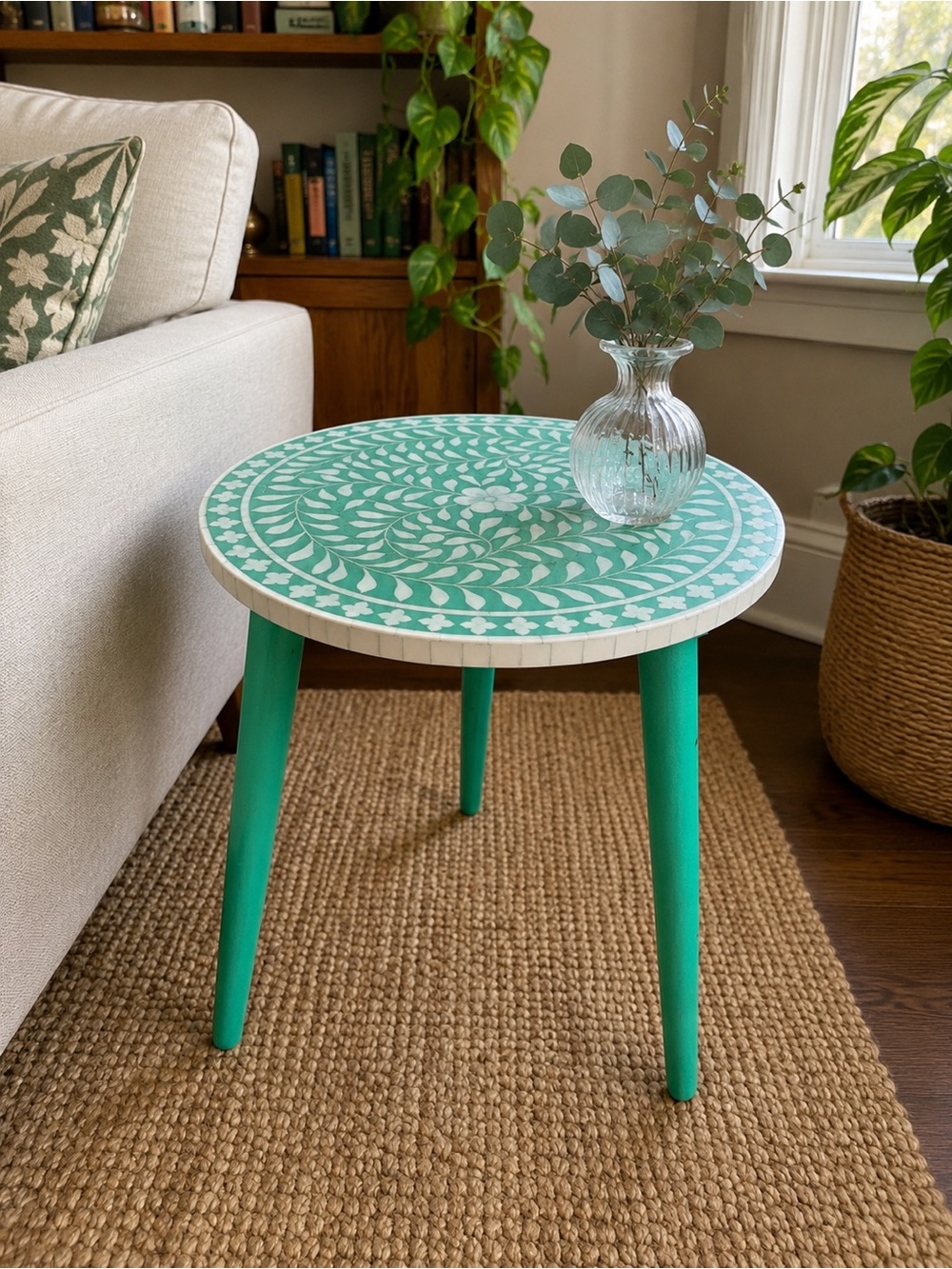 Round Inlay Accent Table in Teal and White
